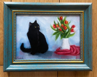 Black cat painting, original oil painting on canvas, framed art, Hand painted, small cat painting, black cat art, gift idea for cat lovers