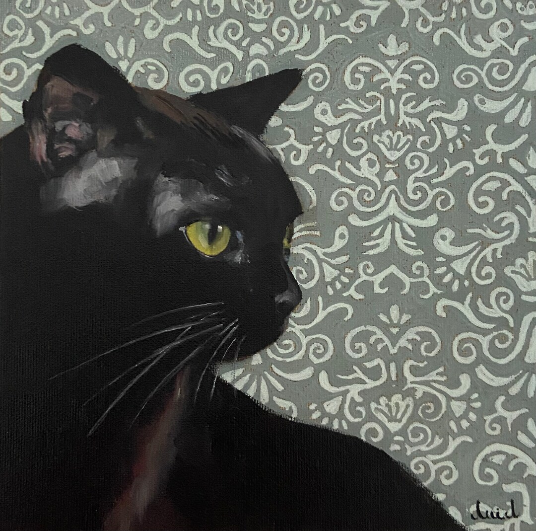Black Cat Art, Original Oil Painting on Canvas, Sage Green Art Nouveau
