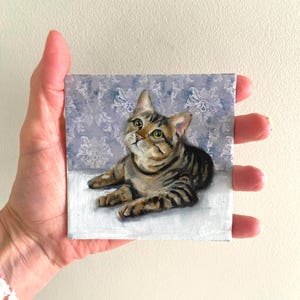Mini Canvas Painting, tabby cat painting, oil painting on canvas, 4x4 art, hand painted tabby cat art, tiny cat art, cute cat painting