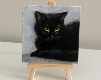 Mini Canvas Painting, black cat oil painting on canvas, 4x4 art, small art, hand painted mini art, tiny cat art, 10x10cm, black cat painting