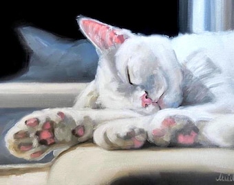 White cat painting,  Giclee print, hand painted white cat oil painting, Cat Print, white Cat Art, 5x7 cat print, cat loss gifts
