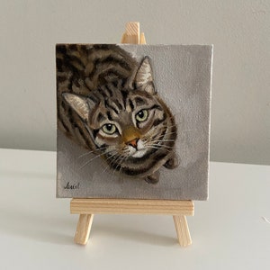 Mini toile, peinture chat tigré, peinture à l'huile originale sur toile, art 4 x 4, petit art, mini art peint à la main, art minuscule chat, 10 x 10 cm