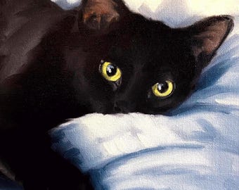 Impression giclée de peinture à l'huile de chat noir, portrait peint à la main (5 x 7 pouces)