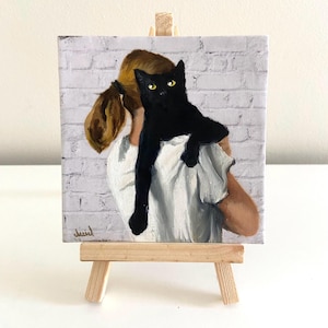 Peinture de chat noir, peinture à l'huile sur toile, art mignon de chat noir, idées de cadeau de chat noir, peinture de portrait de chat, cadeau commémoratif de chat noir