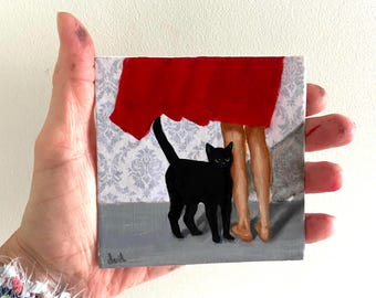 Black Cat Oil Painting, Original Mini Art (4x4 inch), Cat Memorial Gift