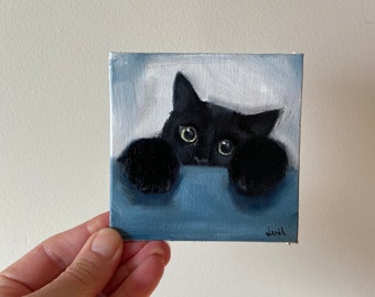 Mini Canvas Painting, black cat oil painting on canvas, 4x4 art, small art, hand painted mini art, tiny cat art, 10x10cm, black cat painting