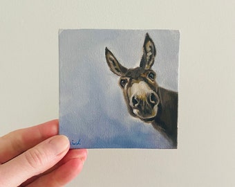 Mini canvas Painting, cute donkey painting, 4x4 art, small art, mini hand painted art, tiny animal art, 10cmx10cm, donkey painting, cute art