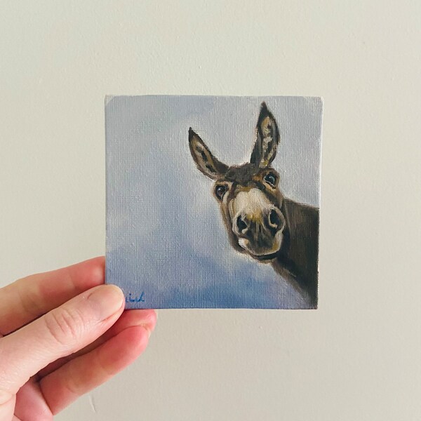 Mini canvas Painting, cute donkey painting, 4x4 art, small art, mini hand painted art, tiny animal art, 10cmx10cm, donkey painting, cute art