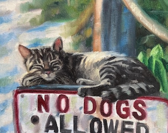 Tabby cat painting, oil painting on canvas, cat portrait painting, beach painting, seaside painting, cat art, cute cat painting, tabby cats