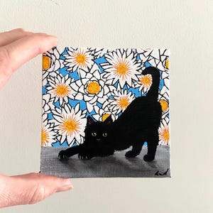 Mini dipinto su tela, dipinto di gatto nero, art nouveau, dipinto acrilico originale, arte 4x4, piccola arte, mini arte dipinta a mano, piccola arte di gatto