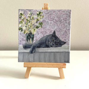 Gray cat painting, oil on canvas, 4x4 cat painting, cute cat art, russian blue cat gift ideas, russian blue cat painting, gray cat gifts