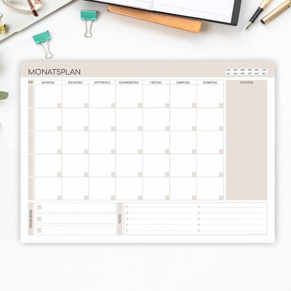Monatsplaner | Notizblock 25 Blatt | DIN A4 Block | Kalender undatiert | Monatsplanung | Monthly Planner Deutsch