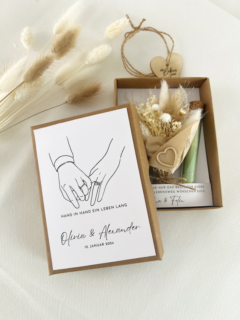 Geschenkschachtel Geldgeschenk zur Hochzeit Blumenstrauß Trockenblumen Personalisiert Handgefertigt Bild 10