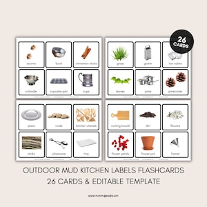 Mud Kitchen Labels Flashcards | Montessori Editable Cards | Organizing Mud Kitchen |  Nature Outdoor Activities