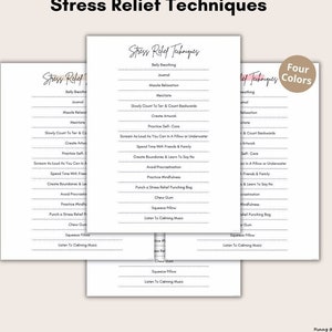 May include: Printable worksheet with a list of stress relief techniques, including belly breathing, journaling, muscle relaxation, meditation, counting backwards, creating artwork, practicing self-care, screaming as loud as you can, spending time with friends and family, creating boundaries, avoiding procrastination, practicing mindfulness, punching a stress relief punching bag, chewing gum, squeezing a pillow, and listening to calming music. The worksheet is titled "Stress Relief Techniques" and has a pink and white watercolor background.