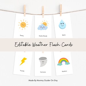 15 Flash Cards editáveis sobre o clima | Cartões pré-escolares | Materiais educacionais para impressão