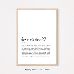 May include: A printable black and white definition of the word "home visitor" with a heart symbol. The definition describes a home visitor as a family sidekick who provides support and guidance to families.