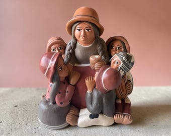 Vintage Folk Art Ceramic Family Scene Figurine | Handmade Pottery Wall Hanging or Display