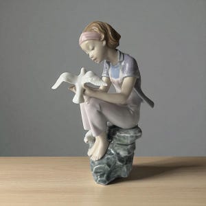 Retired Lladro Figurine “Playing with Doves” | Rare Vintage Porcelain Girl with Dove | Made in Spain
