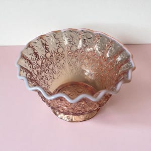 Pink Opalescent Glass Bowl: 1980s Ruffled Candy Dish Centerpiece