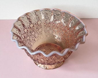 Pink Opalescent Glass Bowl: 1980s Ruffled Candy Dish Centerpiece