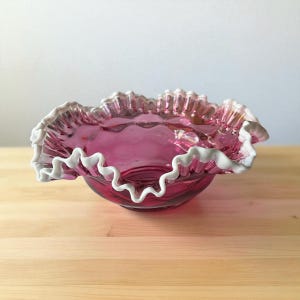 Vintage Fenton Cranberry Glass Bowl with Snow Crest Ruffled Edge – Cottagecore Decorative Mid-Century Art Glass - Cranberry Ruffle Bowl
