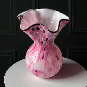 Vintage Pink Splatter Art Glass Vase – Hand-Blown Mid Century Modern Decor, Ruffled Edge Vase 9.5”