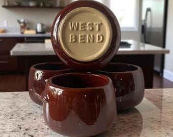 Vintage West Bend Stoneware Bowls - 1960s Rustic Kitchen Decor - Set of 4