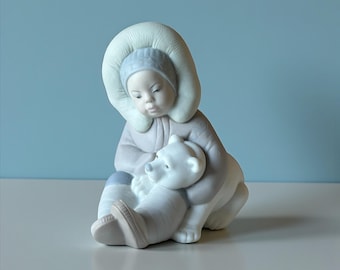Lladro Eskimo Boy with Polar Bear Cub Figurine • Retired Porcelain