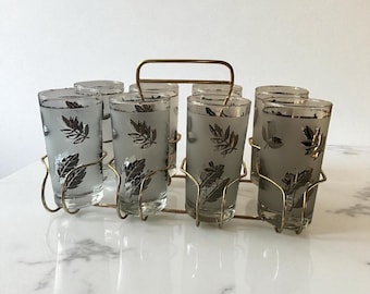 Vintage Libbey Silver Leaf Highball Set with Caddy - Mid-Century Barware