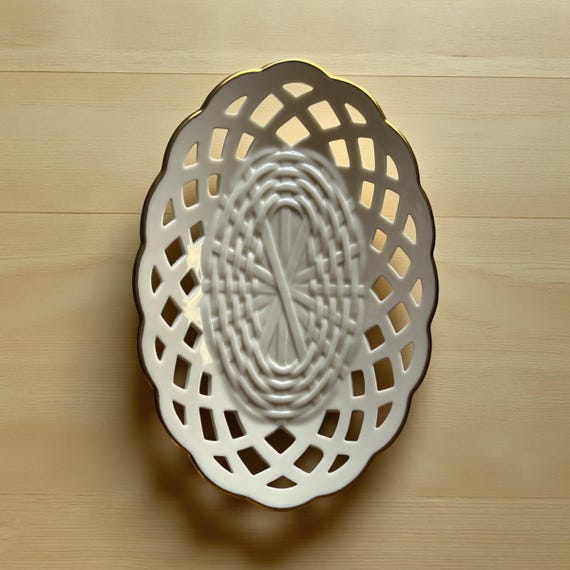Vintage Lenox Wicker Ceramic Dish – Gold Trim Lattice Design