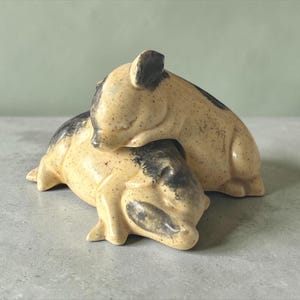 Two Resting Pigs | Vintage Mid Century Farmhouse Decor | Rustic Folk Art Animal Pottery