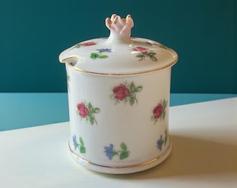 Vintage Floral Porcelain Sugar Jar – Rose Motif, Gold Trim, Made in Japan