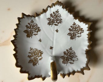 Vintage French Porcelain Leaf Dish: Gold Trim Floral Trinket Tray