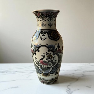 Villeroy & Boch Paon Vase – Mid 20th Century German Porcelain – 6.5&quot; Tall Hand-Painted Bird and Floral Design