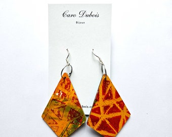 Wood and paper earrings, mixed media, created by hand, unique model, polygon, oranges, red, yellow, green