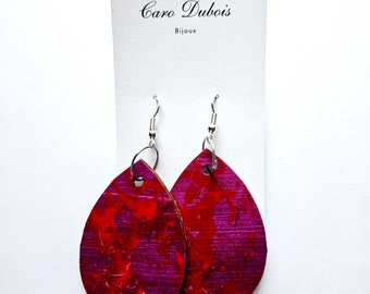Wood and paper earrings, mixed media, created by hand, unique model, drop, red, purple