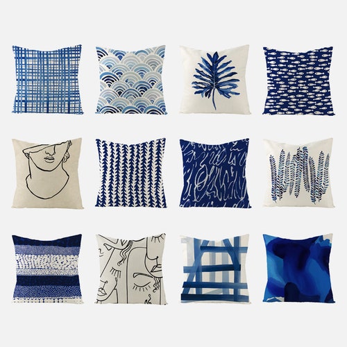 Navy Blue Pillow Covers 16x16 18x18 20x20 24x24丨block Print Etsy