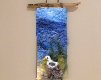 Handmade Needle Felted Wall Hanging Seagull resting on the rocks