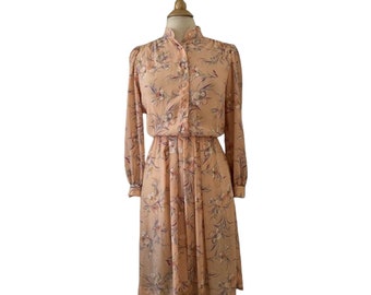 VINTAGE 70's Matti Of Lynne Peach Floral Dress - Size 8