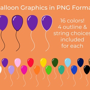 Balloon Clip Art, String/Outline Color Variations | 62 Balloon Graphics in PNG | Birthday Balloon Icons, Balloon Clipart Commercial Use CU