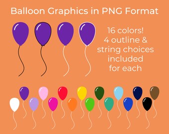 Balloon Clip Art, String/Outline Color Variations | 62 Balloon Graphics in PNG | Birthday Balloon Icons, Balloon Clipart Commercial Use CU