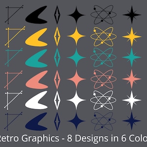 May include: Set of eight retro graphic designs in six colors: black, yellow, teal, coral, white, and navy blue. The designs include a triangle with a circle inside, a diagonal line, a boomerang shape, a diamond, a star, an atom symbol, and a starburst.