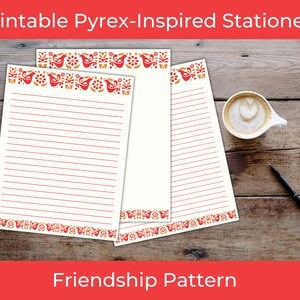 May include: Printable stationery featuring a red and orange bird and floral pattern. The text "Friendship Pattern" is at the bottom of the image.