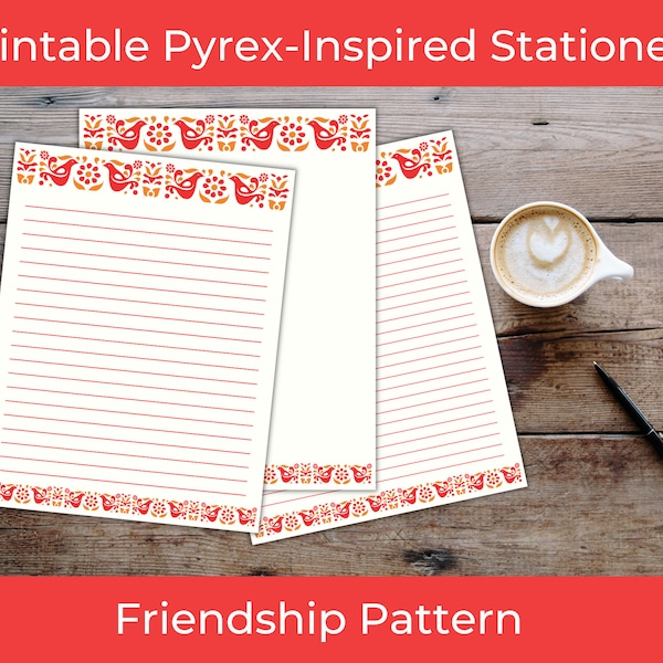 Friendship Pyrex-Inspired Stationery | Printable Red & Orange Pyrex Pattern Stationery, Lined/Unlined | DIGITAL DOWNLOAD