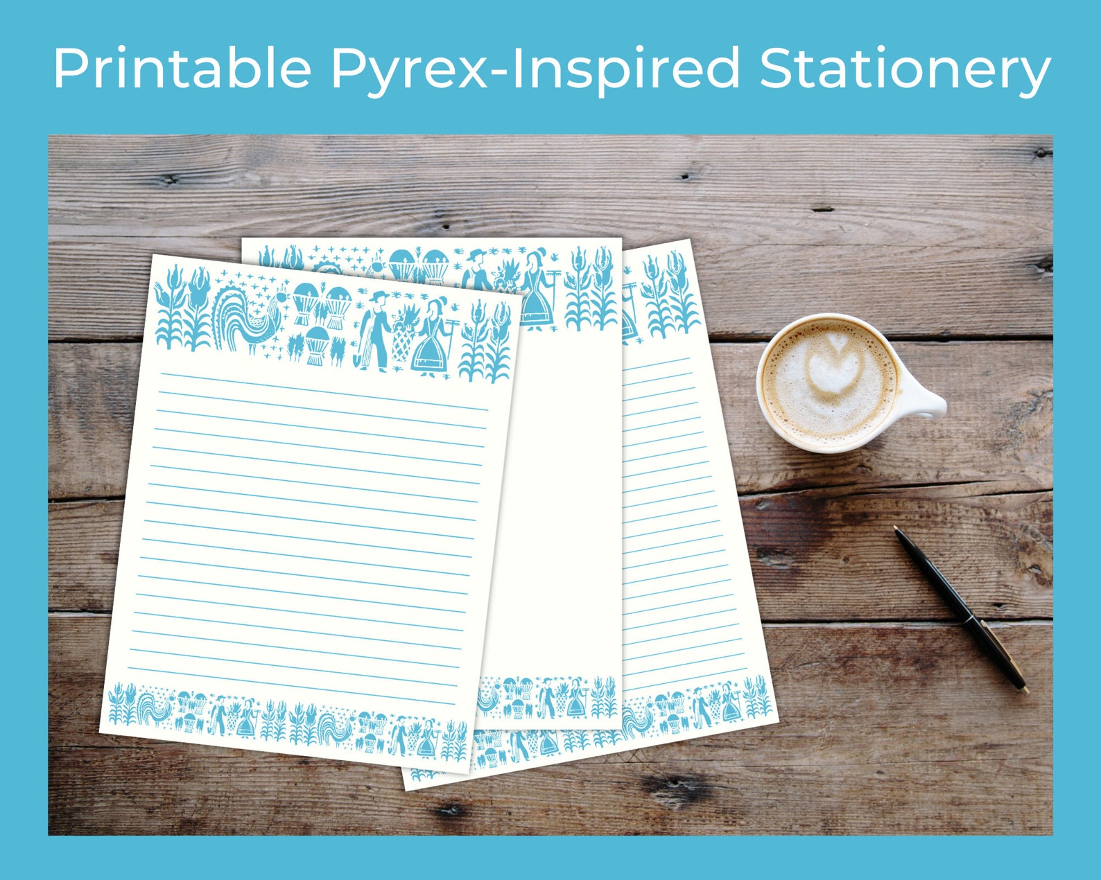 Printable Pyrex-inspired Stationery | Butterprint Blue Pyrex Pattern ...