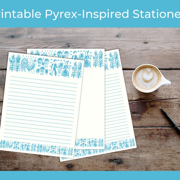 Printable Pyrex-Inspired Stationery | Butterprint Blue Pyrex Pattern Stationery Lined & Unlined | DIGITAL DOWNLOAD