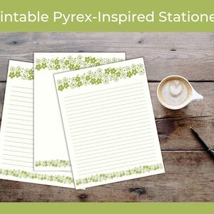 Spring Blossom Pyrex-Inspired Stationery | Printable Green Crazy Daisy Pyrex Pattern Stationery, Lined & Unlined | DIGITAL DOWNLOAD