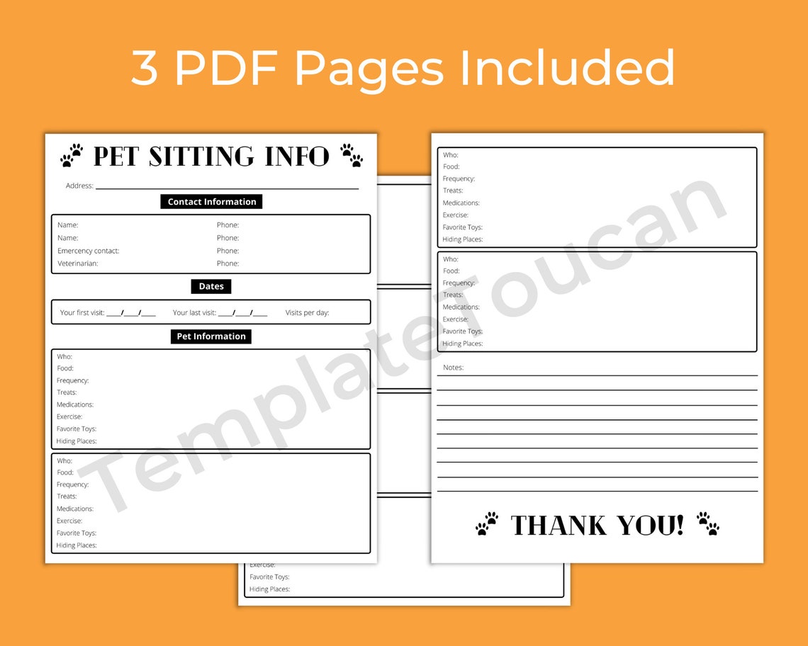 Printable Pet Sitting Info Sheet | DIGITAL PDF DOWNLOAD | Travel Organizer: Leave-behind for Pet ...
