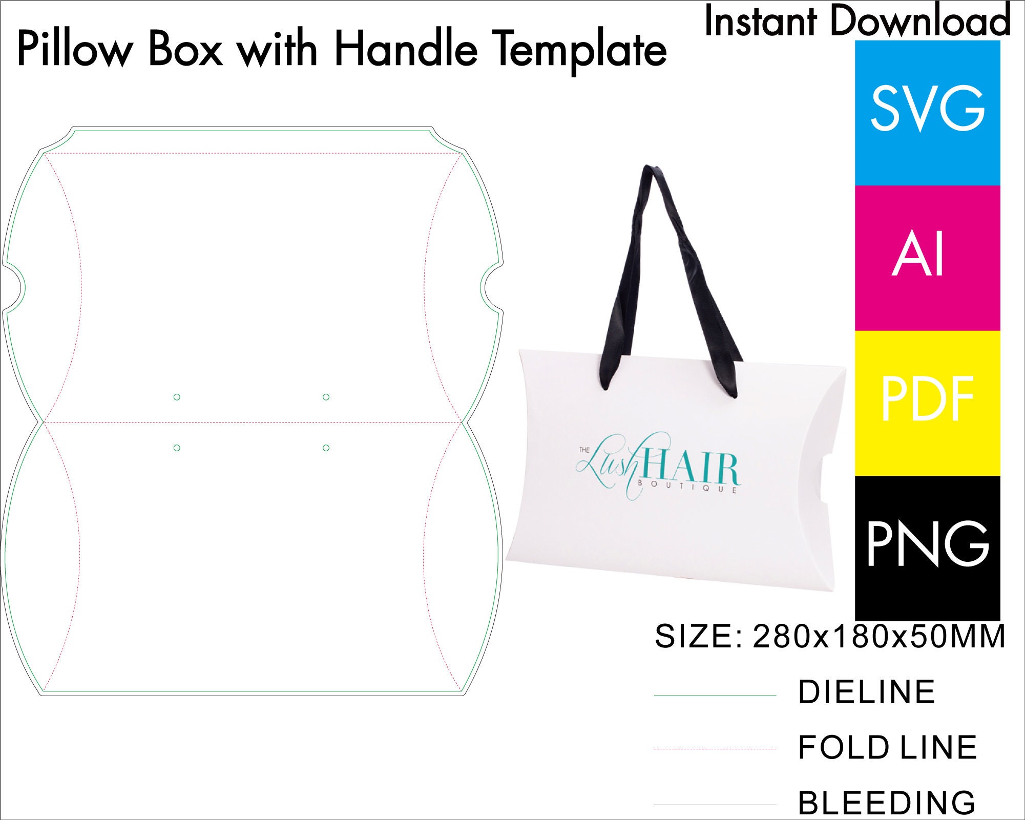 Pillow Box with Handle Template DIY custom hair packaging Etsy